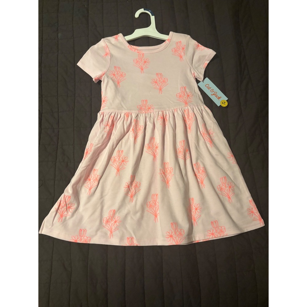 Cat & Jack Girls 5T Light Pink Neon Orange Floral Sketch Short Sleeve Dress NWT